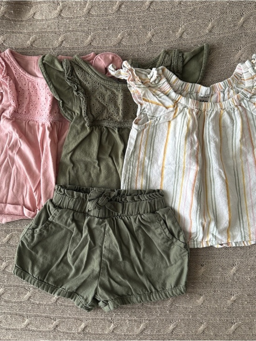 EUC Carter's 4pc Mix’n’Match Bundle, Olive Green & Pink Eyelet & Stripes, 24 Mo
